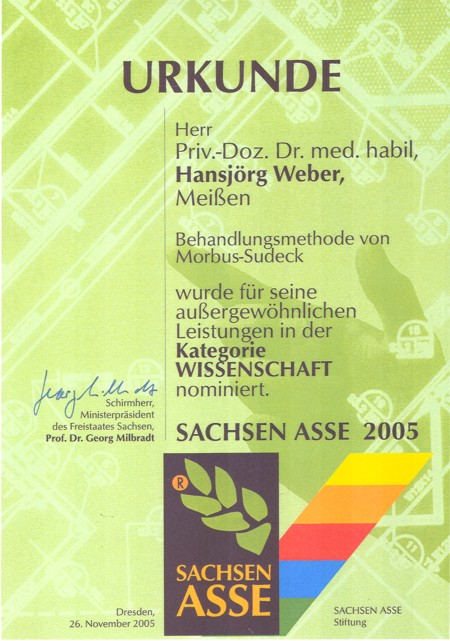 Urkunde Nominierung Sachsen Asse 2005 Thema: Behandlungsmethode von Morbus-Sudeck